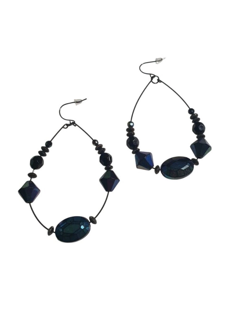 Beaded Drop Earrings Black Iridescent Faceted Crystal Lightweight Design Hook